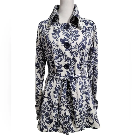LA Kitty Size Medium Trendy Stylish Floral Blue and White Lightweight Pea Coat - Picture 2 of 10